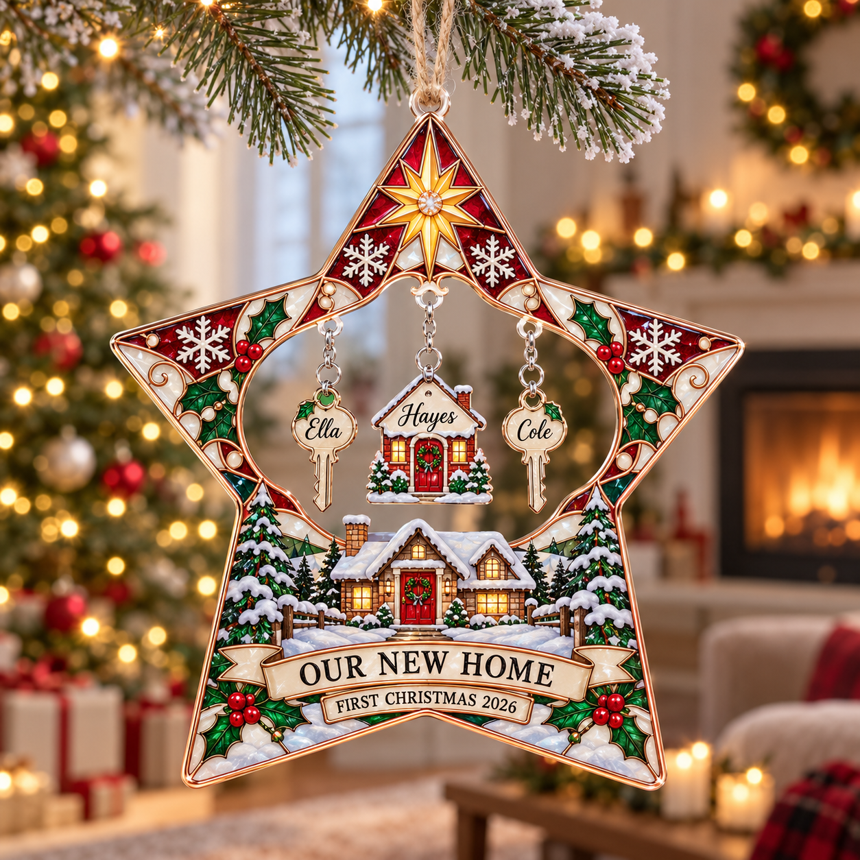 Stained-glass acrylic Christmas ornament with "OUR NEW HOME" and personalised name charms