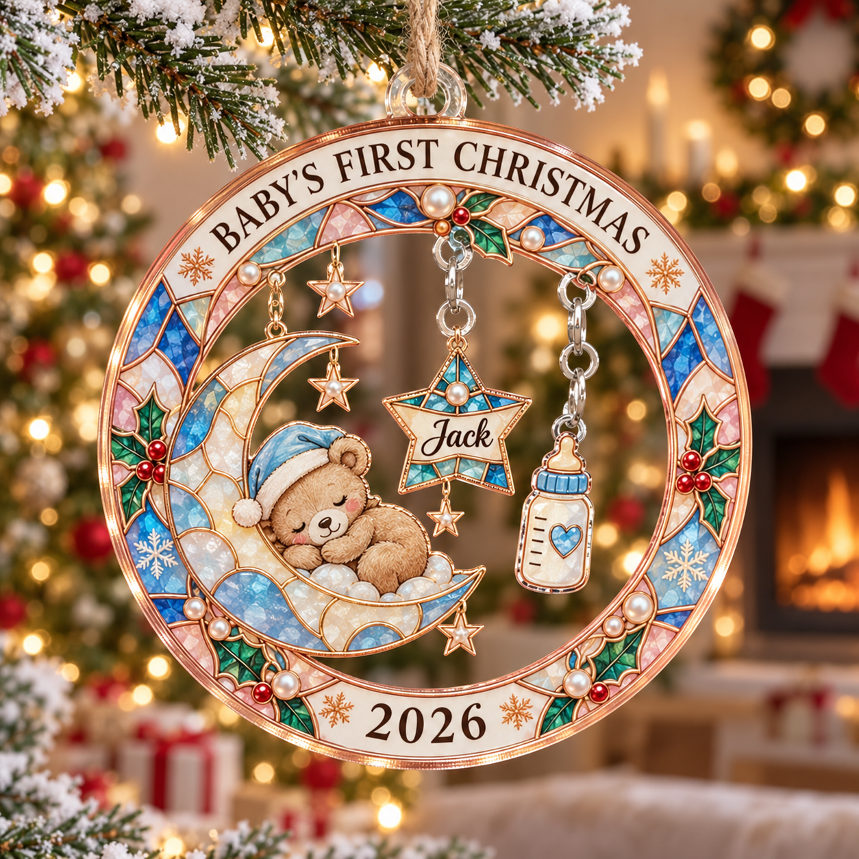 Stained-glass acrylic Christmas ornament with "BABY'S FIRST CHRISTMAS" and personalised name charms