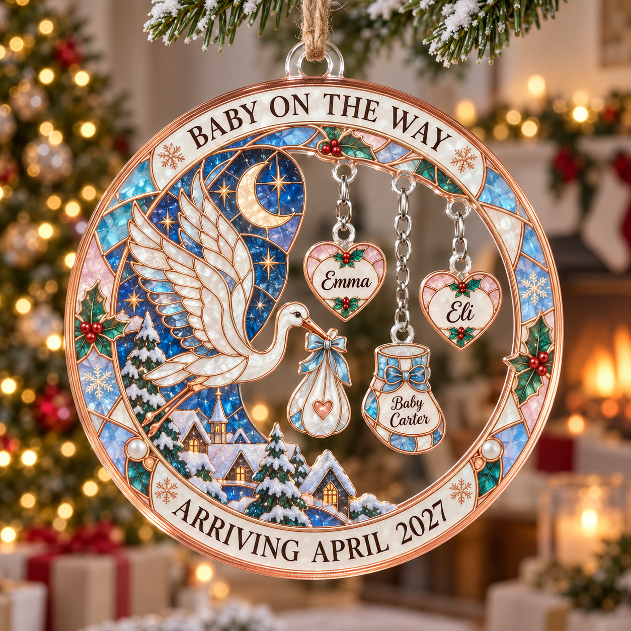 Stained-glass acrylic Christmas ornament with "BABY ON THE WAY" and personalised name charms