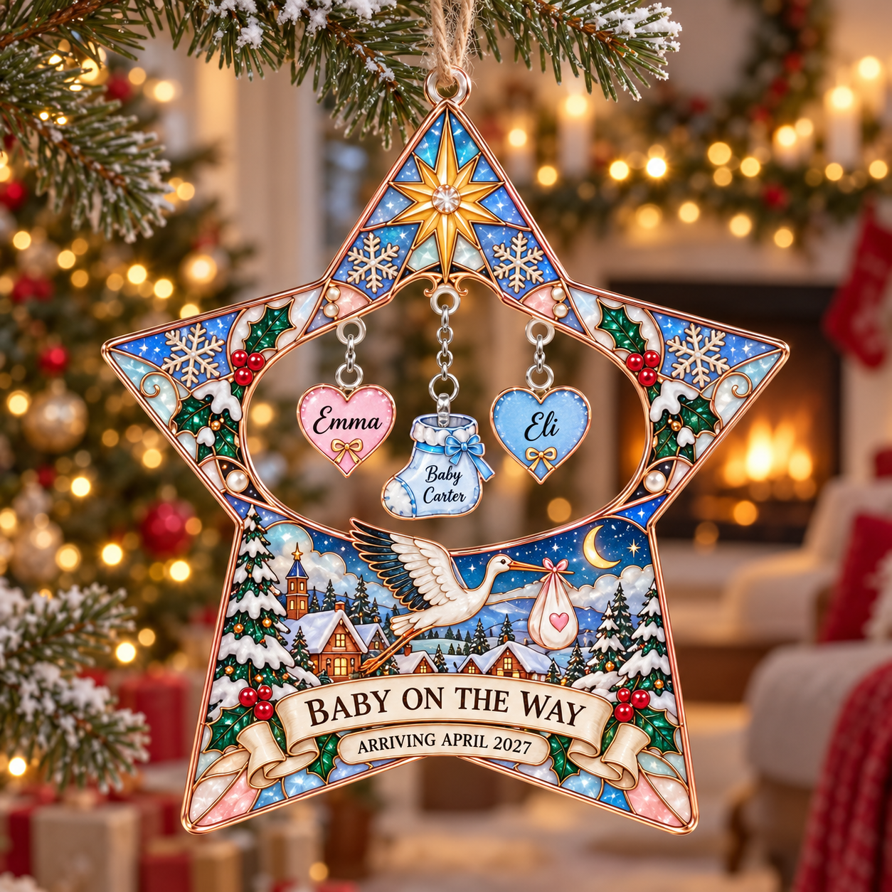 Stained-glass acrylic Christmas ornament with "BABY ON THE WAY" and personalised name charms