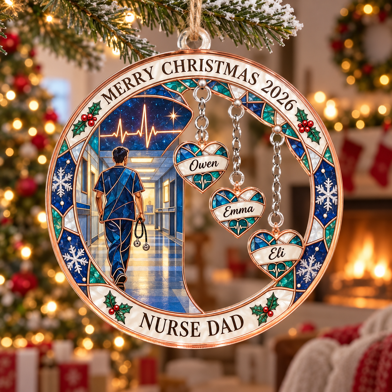 Stained-glass acrylic Christmas ornament with "NURSE DAD" and personalised name charms
