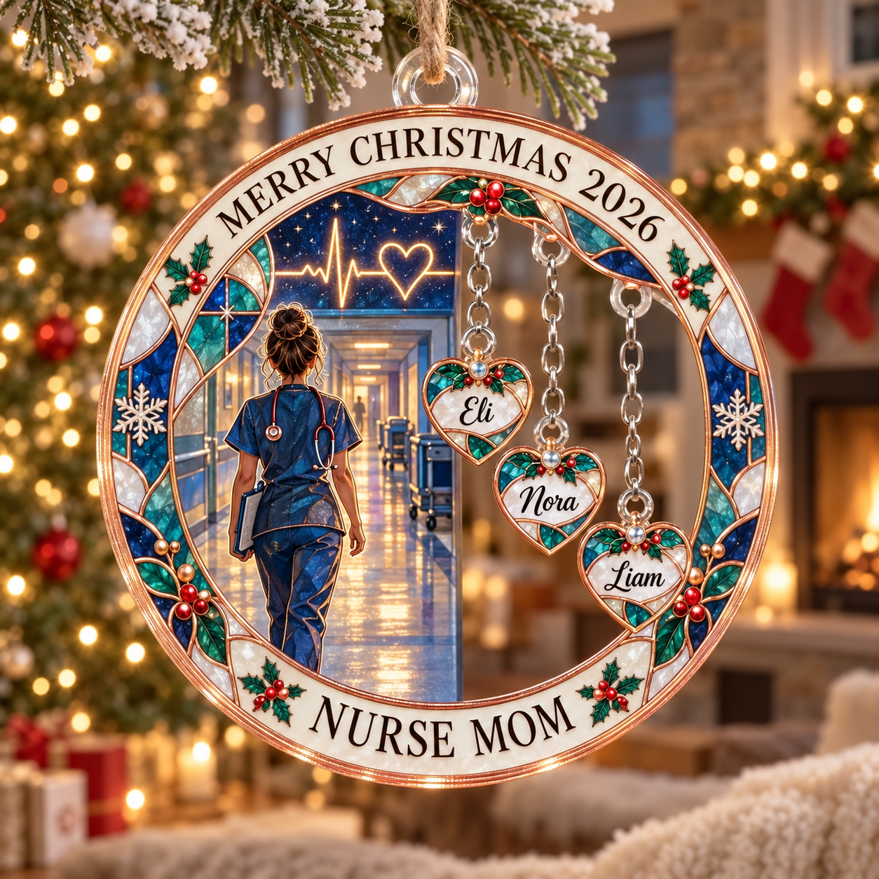 Stained-glass acrylic Christmas ornament with "NURSE MOM" and personalised name charms
