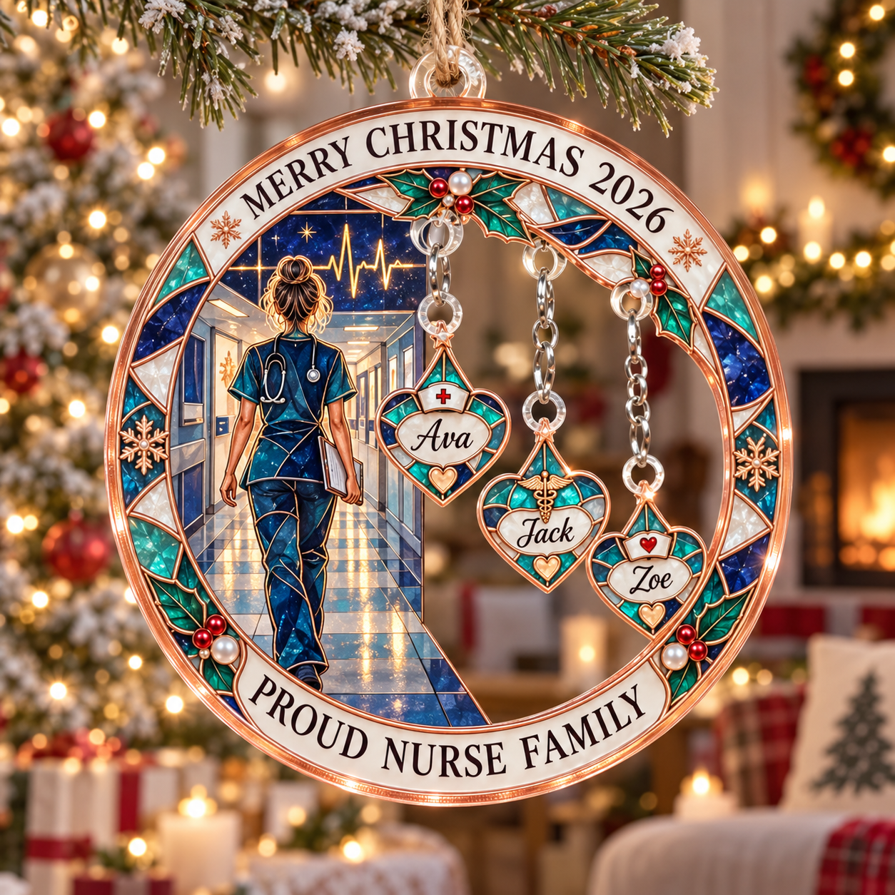 Stained-glass acrylic Christmas ornament with "PROUD NURSE FAMILY" and personalised name charms