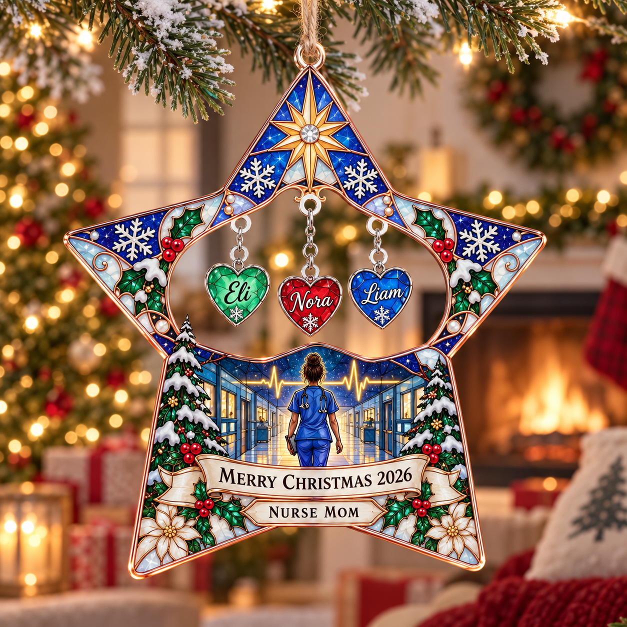 Stained-glass acrylic Christmas ornament with "NURSE MOM" and personalised name charms