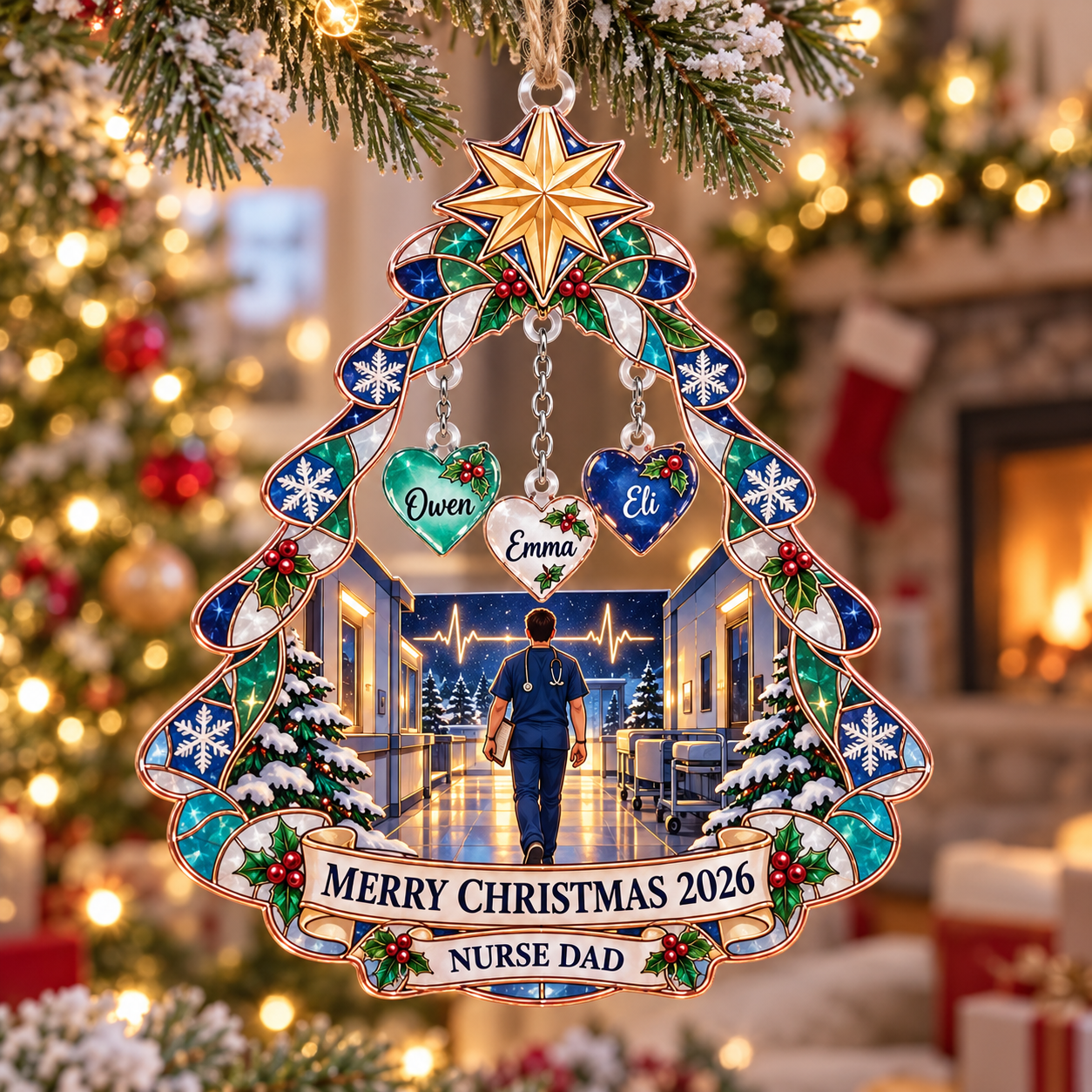 Stained-glass acrylic Christmas ornament with "NURSE DAD" and personalised name charms