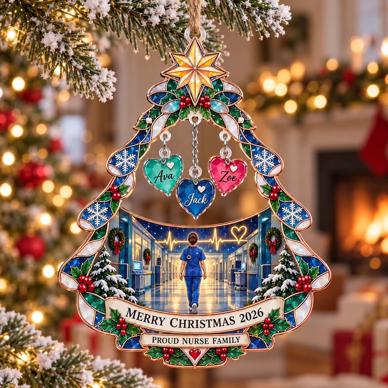 Stained-glass acrylic Christmas ornament with "PROUD NURSE FAMILY" and personalised name charms