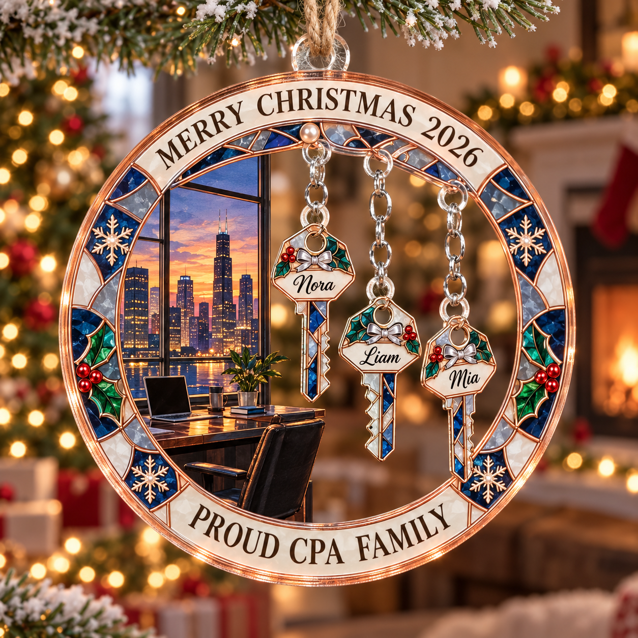 Stained-glass acrylic Christmas ornament with "PROUD CPA FAMILY" and personalised name charms