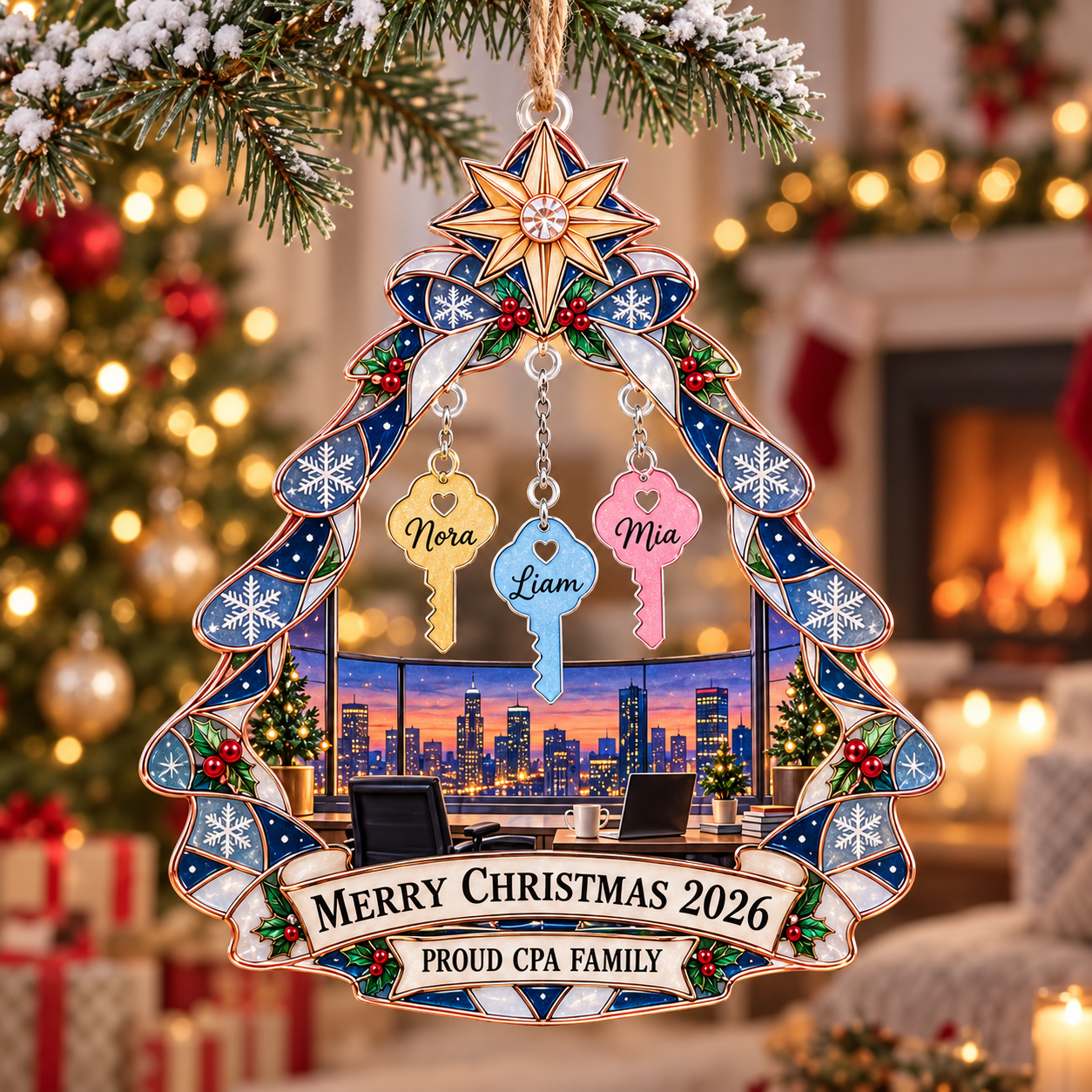Stained-glass acrylic Christmas ornament with "PROUD CPA FAMILY" and personalised name charms