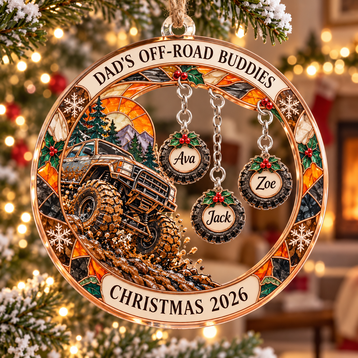 Stained-glass acrylic Christmas ornament with "DAD'S OFF-ROAD BUDDIES" and personalised name charms