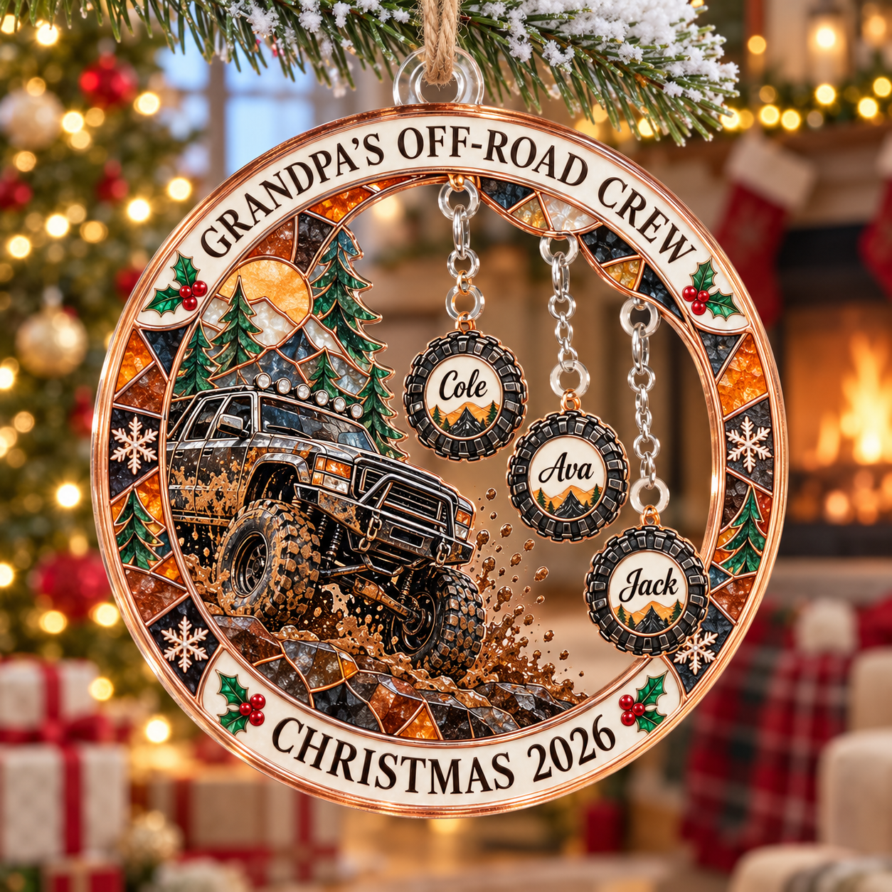 Stained-glass acrylic Christmas ornament with "GRANDPA'S OFF-ROAD CREW" and personalised name charms
