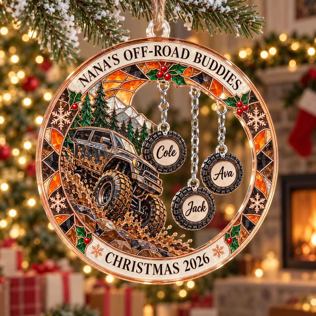 Stained-glass acrylic Christmas ornament with "NANA'S OFF-ROAD BUDDIES" and personalised name charms