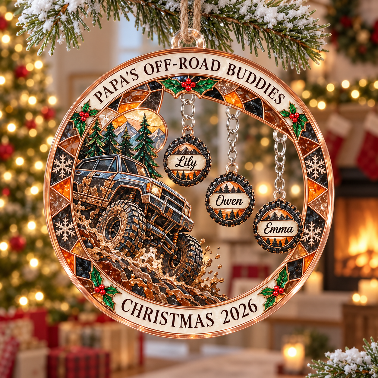 Stained-glass acrylic Christmas ornament with "PAPA'S OFF-ROAD BUDDIES" and personalised name charms