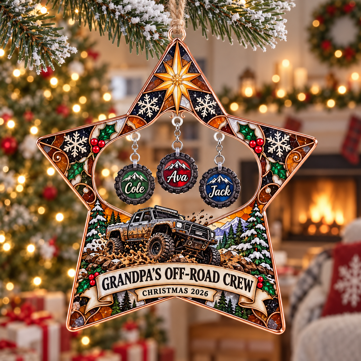 Stained-glass acrylic Christmas ornament with "GRANDPA'S OFF-ROAD CREW" and personalised name charms
