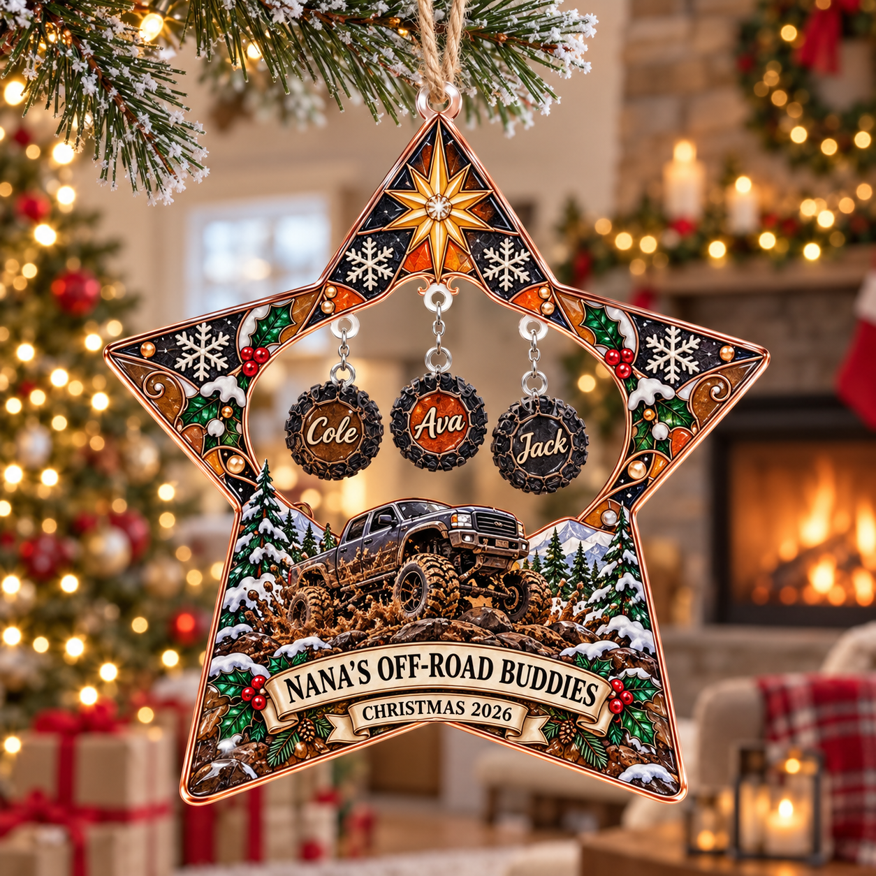 Stained-glass acrylic Christmas ornament with "NANA'S OFF-ROAD BUDDIES" and personalised name charms