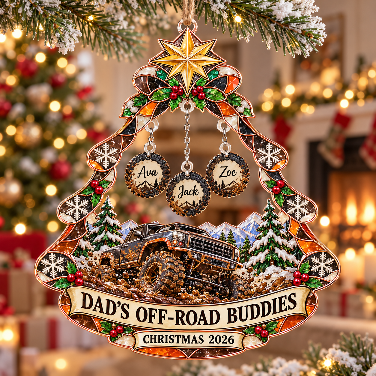 Stained-glass acrylic Christmas ornament with "DAD'S OFF-ROAD BUDDIES" and personalised name charms