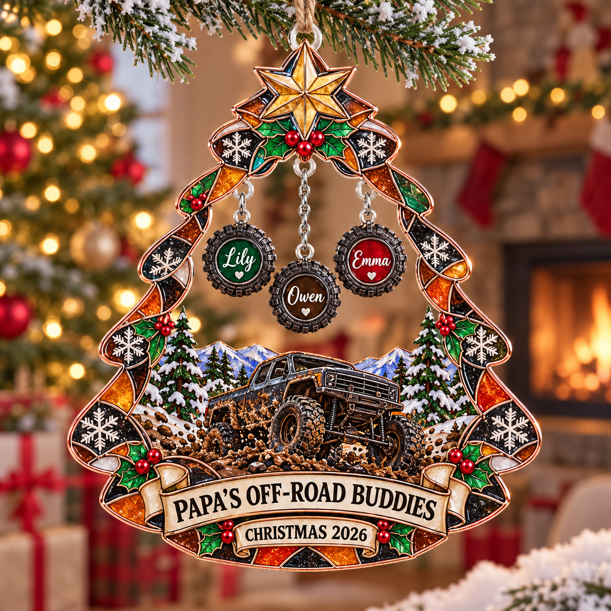Stained-glass acrylic Christmas ornament with "PAPA'S OFF-ROAD BUDDIES" and personalised name charms