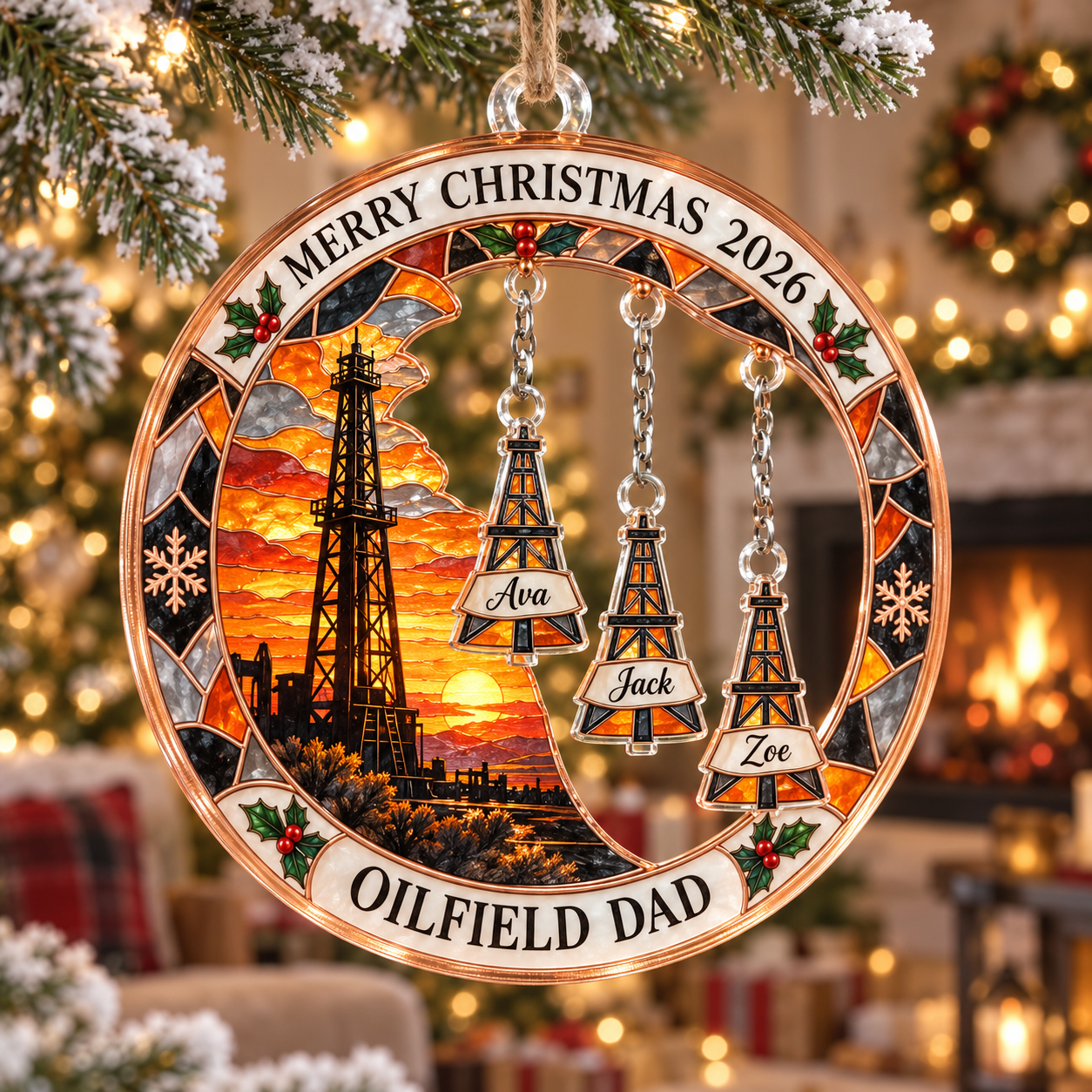 Stained-glass acrylic Christmas ornament with "OILFIELD DAD" and personalised name charms