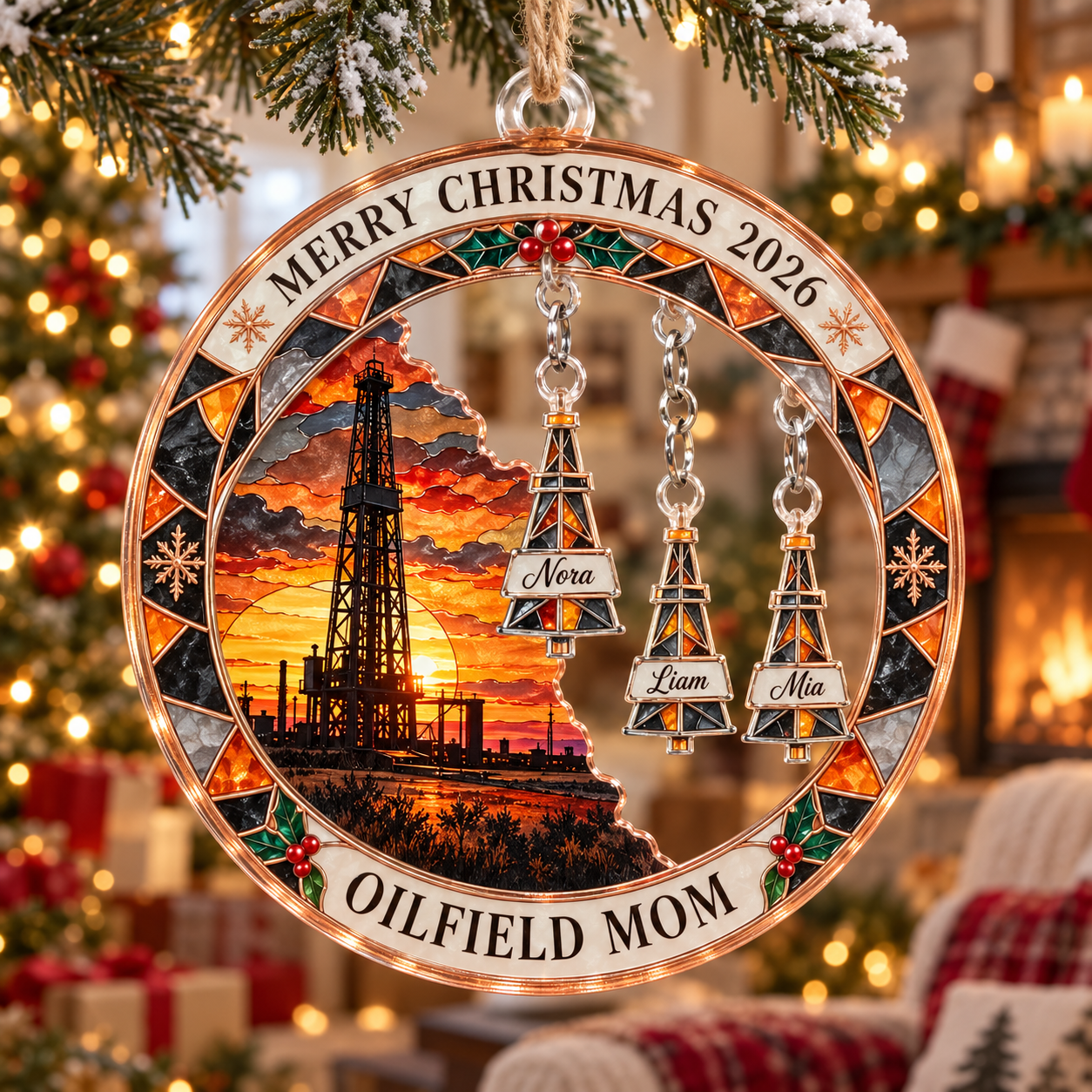 Stained-glass acrylic Christmas ornament with "OILFIELD MOM" and personalised name charms