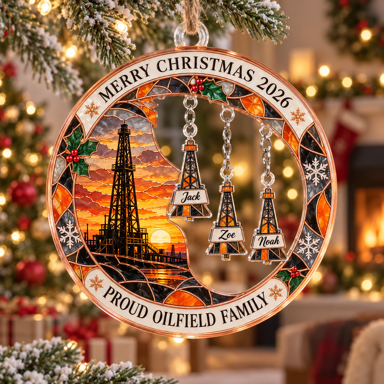 Stained-glass acrylic Christmas ornament with "PROUD OILFIELD FAMILY" and personalised name charms