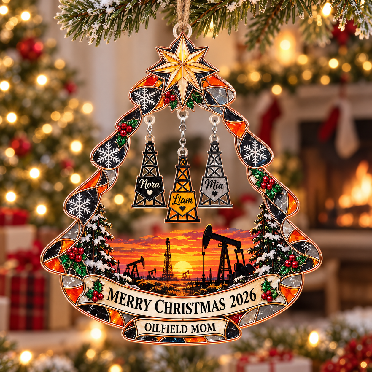 Stained-glass acrylic Christmas ornament with "OILFIELD MOM" and personalised name charms