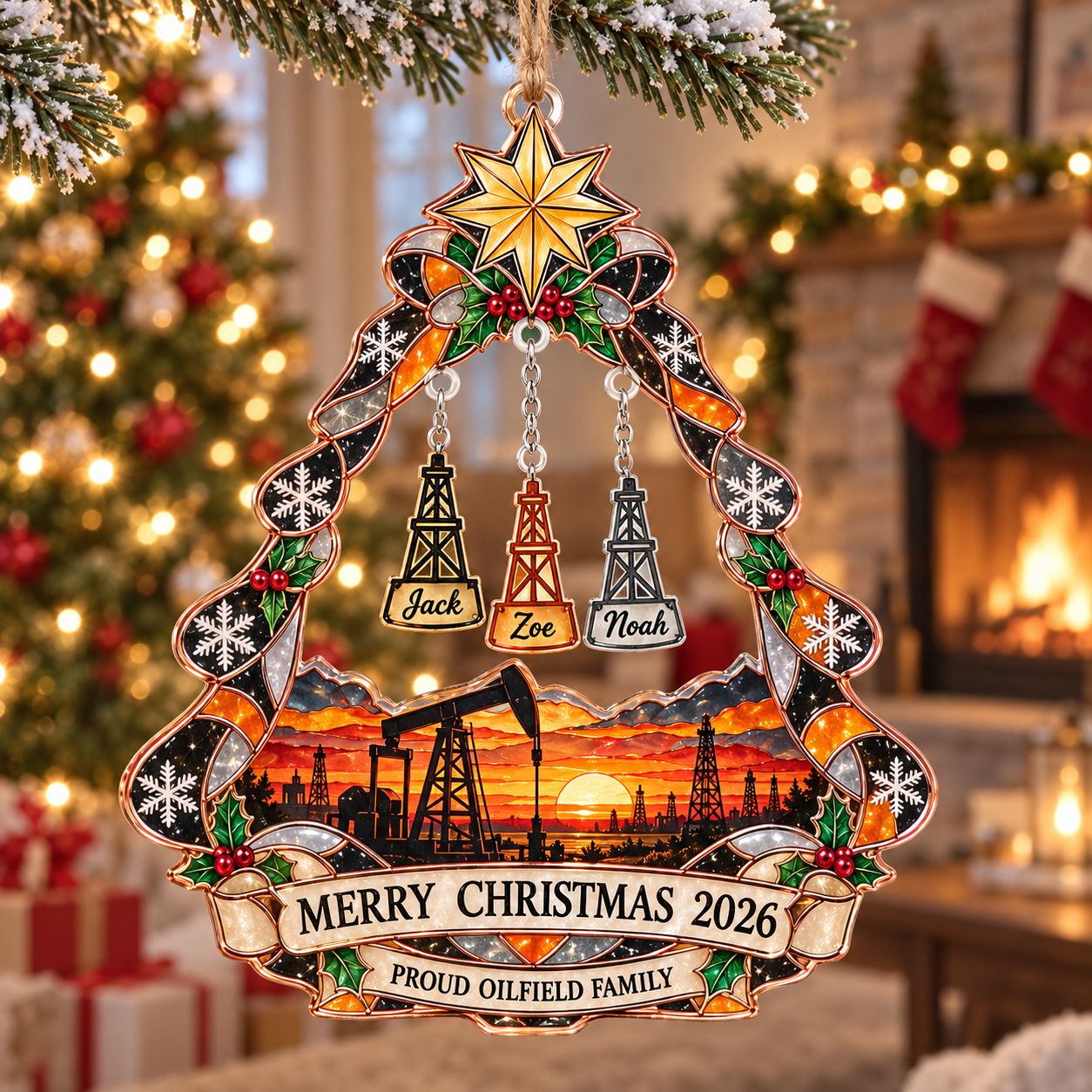Stained-glass acrylic Christmas ornament with "PROUD OILFIELD FAMILY" and personalised name charms