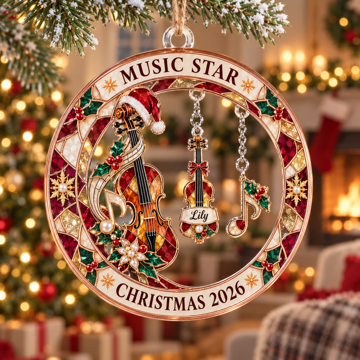 Stained-glass acrylic Christmas ornament with "MUSIC STAR" and personalised name charms