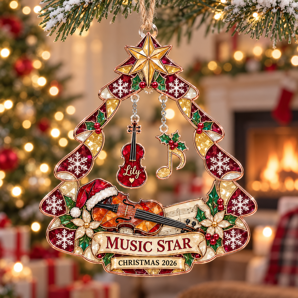 Stained-glass acrylic Christmas ornament with "MUSIC STAR" and personalised name charms