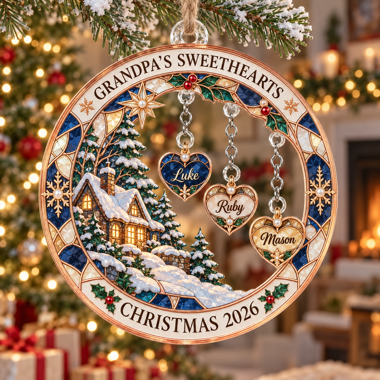 Stained-glass acrylic Christmas ornament with "GRANDPA'S SWEETHEARTS" and personalised name charms