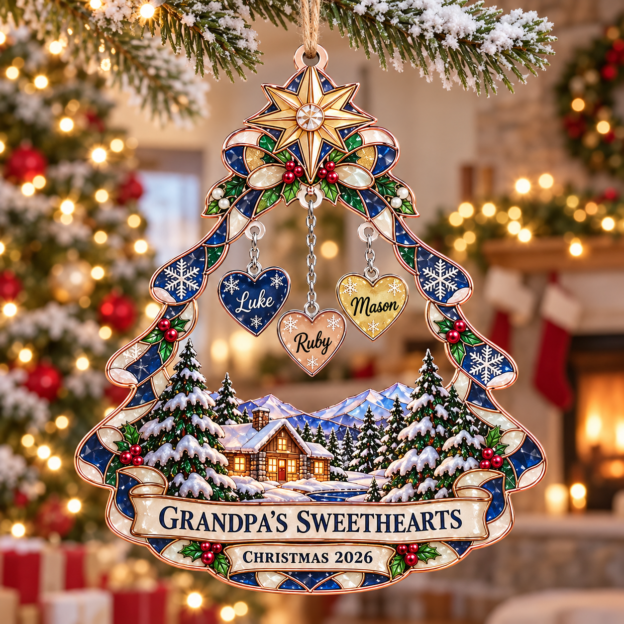 Stained-glass acrylic Christmas ornament with "GRANDPA'S SWEETHEARTS" and personalised name charms