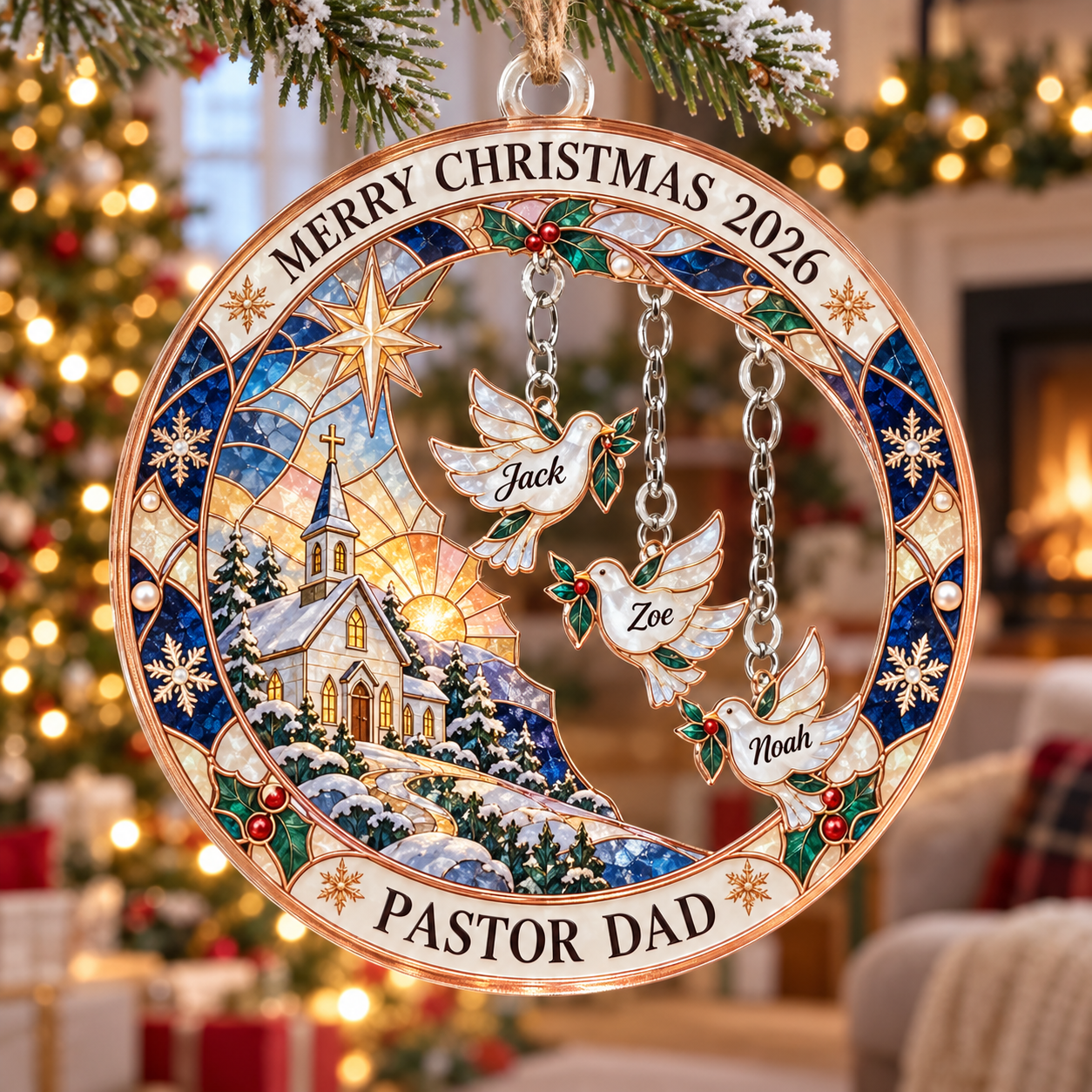 Stained-glass acrylic Christmas ornament with "PASTOR DAD" and personalised name charms