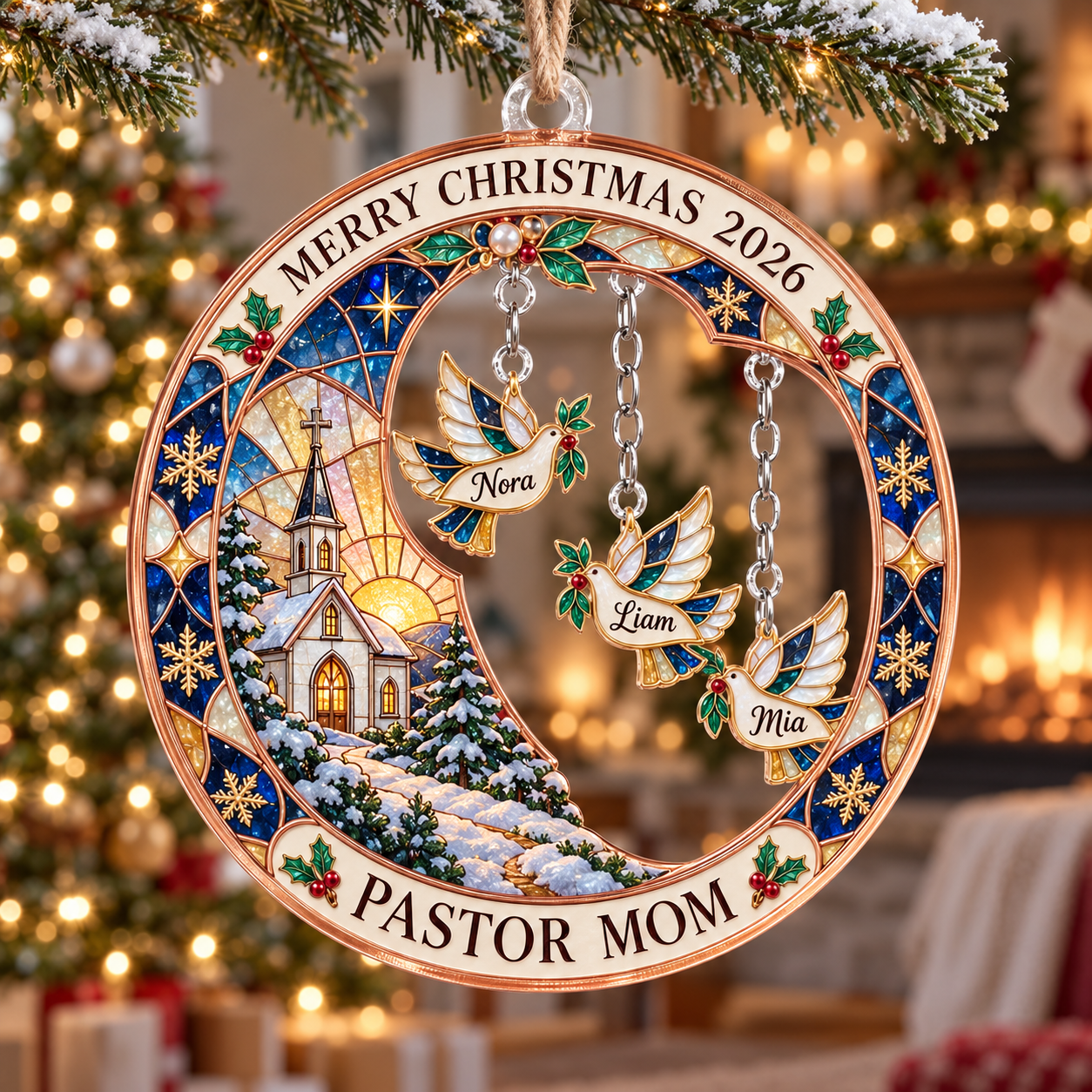 Stained-glass acrylic Christmas ornament with "PASTOR MOM" and personalised name charms