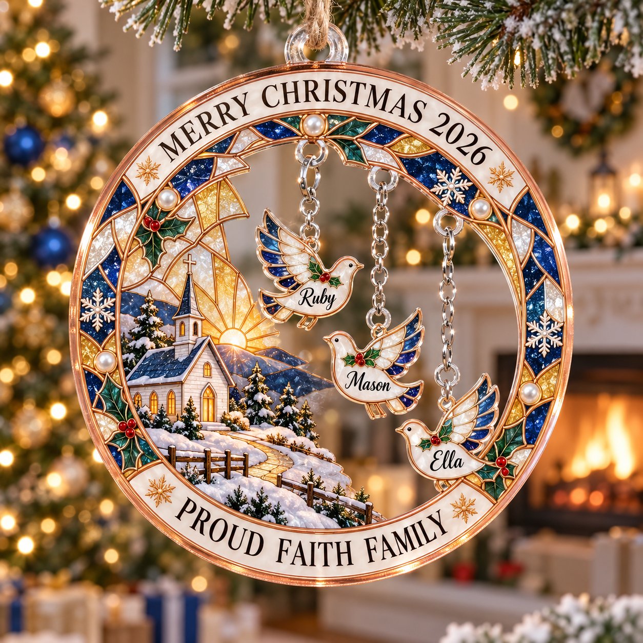 Stained-glass acrylic Christmas ornament with "PROUD FAITH FAMILY" and personalised name charms