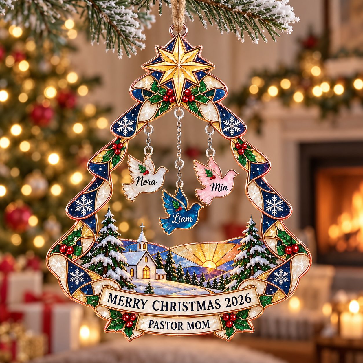 Stained-glass acrylic Christmas ornament with "PASTOR MOM" and personalised name charms