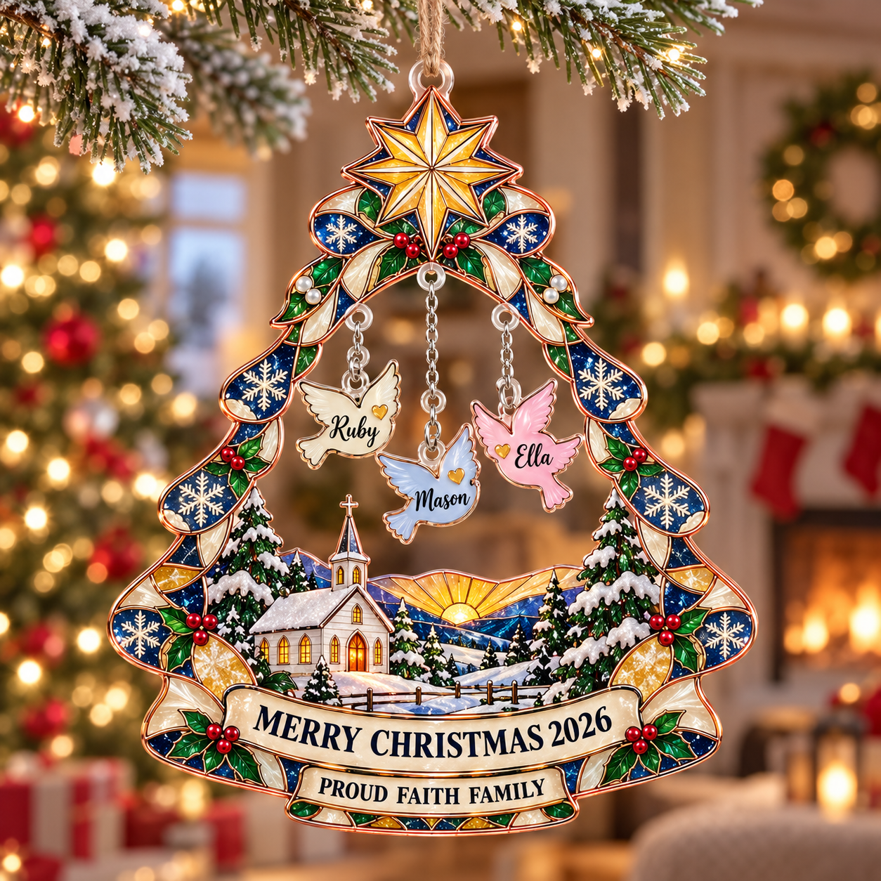 Stained-glass acrylic Christmas ornament with "PROUD FAITH FAMILY" and personalised name charms
