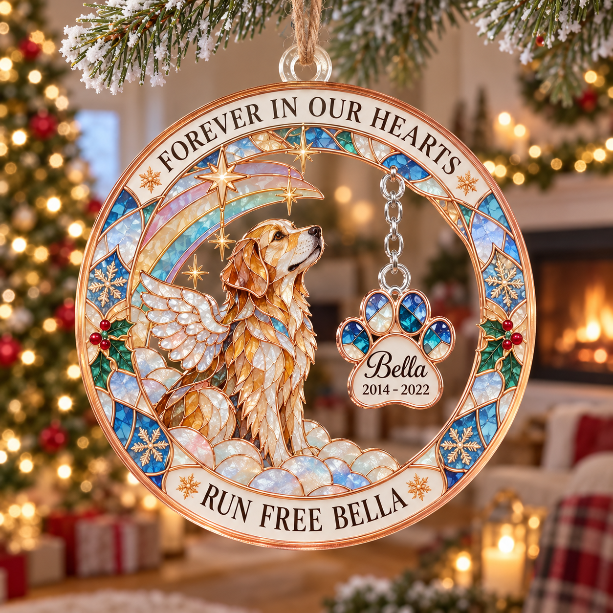 Stained-glass acrylic Christmas ornament with "FOREVER IN OUR HEARTS" and personalised name charms