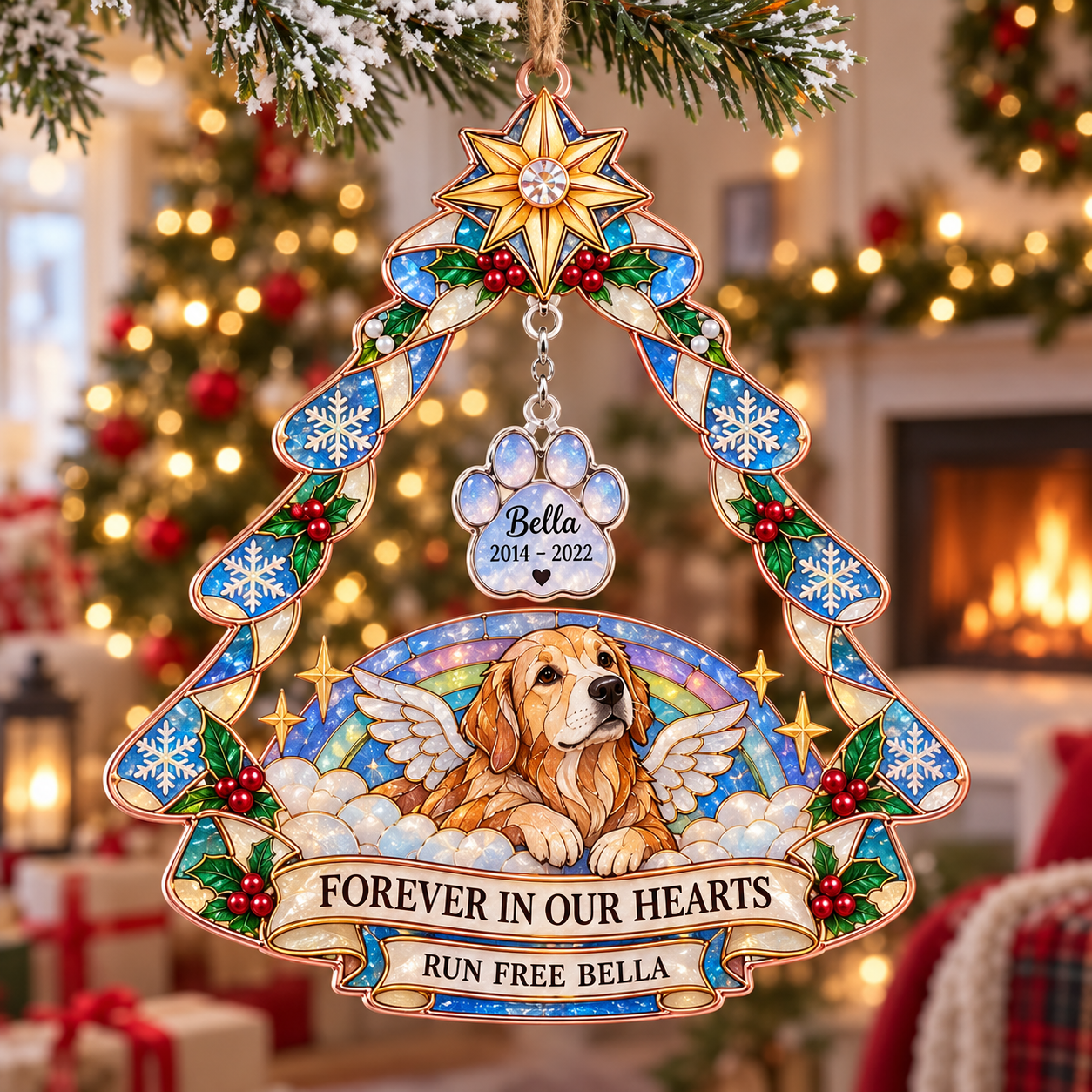 Stained-glass acrylic Christmas ornament with "FOREVER IN OUR HEARTS" and personalised name charms