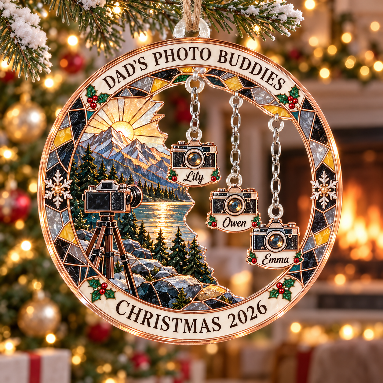 Stained-glass acrylic Christmas ornament with "DAD'S PHOTO BUDDIES" and personalised name charms