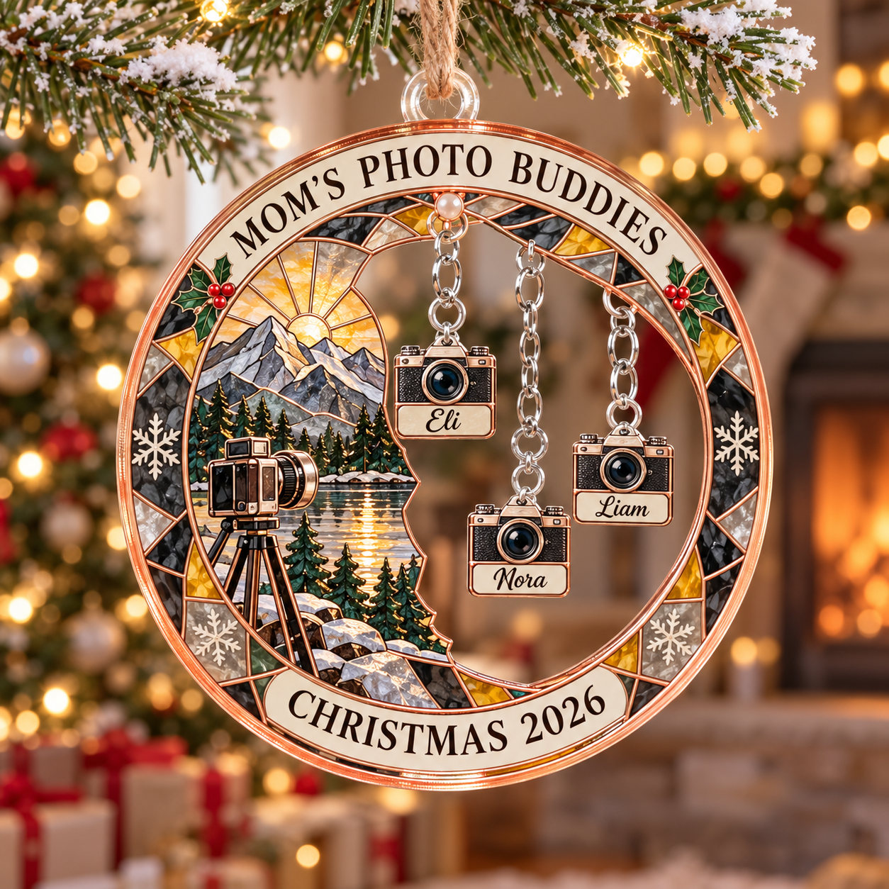 Stained-glass acrylic Christmas ornament with "MOM'S PHOTO BUDDIES" and personalised name charms