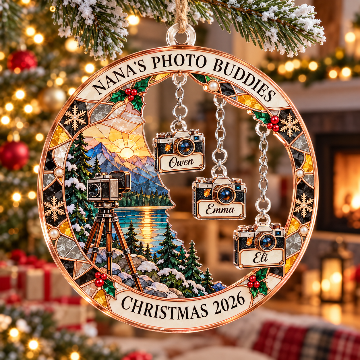 Stained-glass acrylic Christmas ornament with "NANA'S PHOTO BUDDIES" and personalised name charms