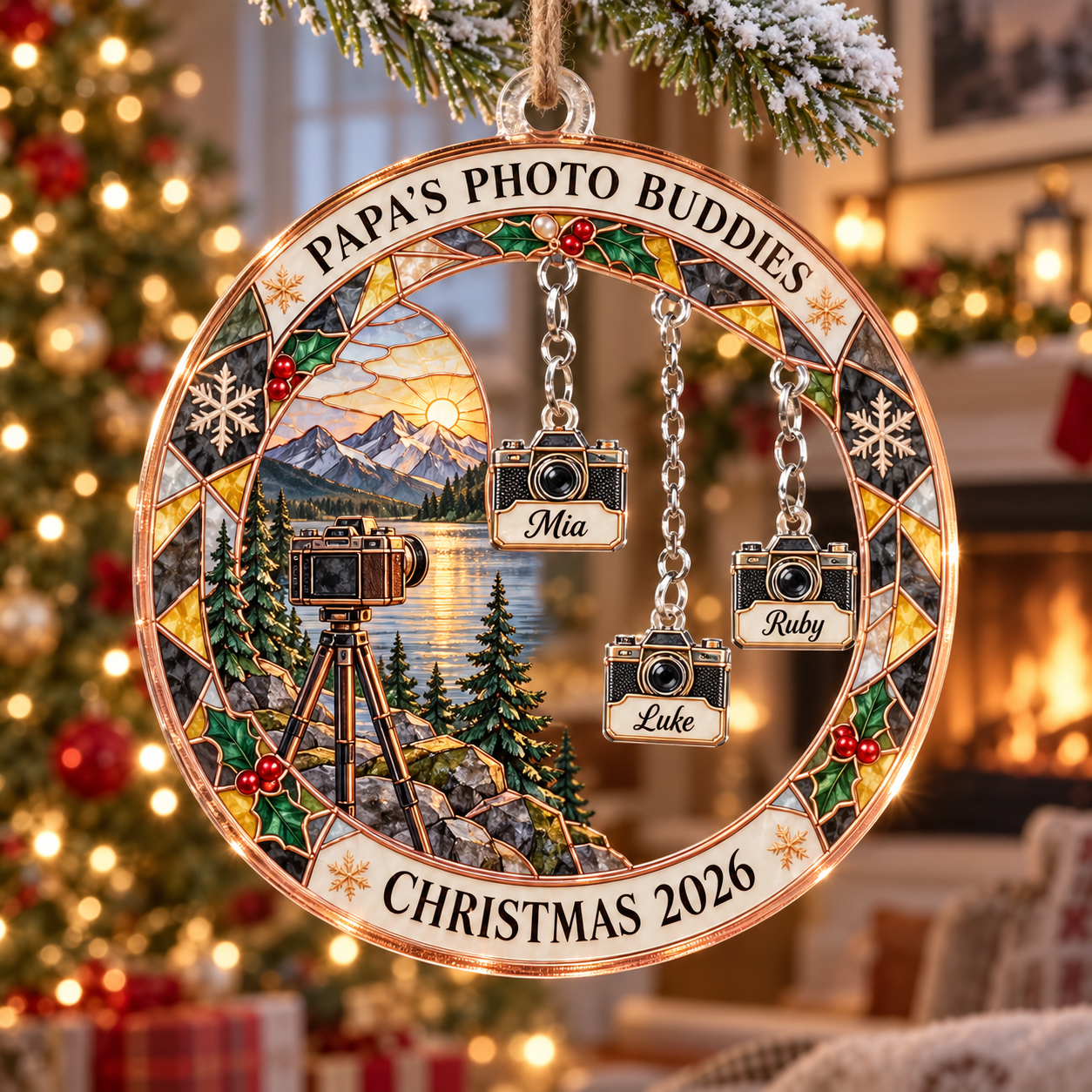 Stained-glass acrylic Christmas ornament with "PAPA'S PHOTO BUDDIES" and personalised name charms