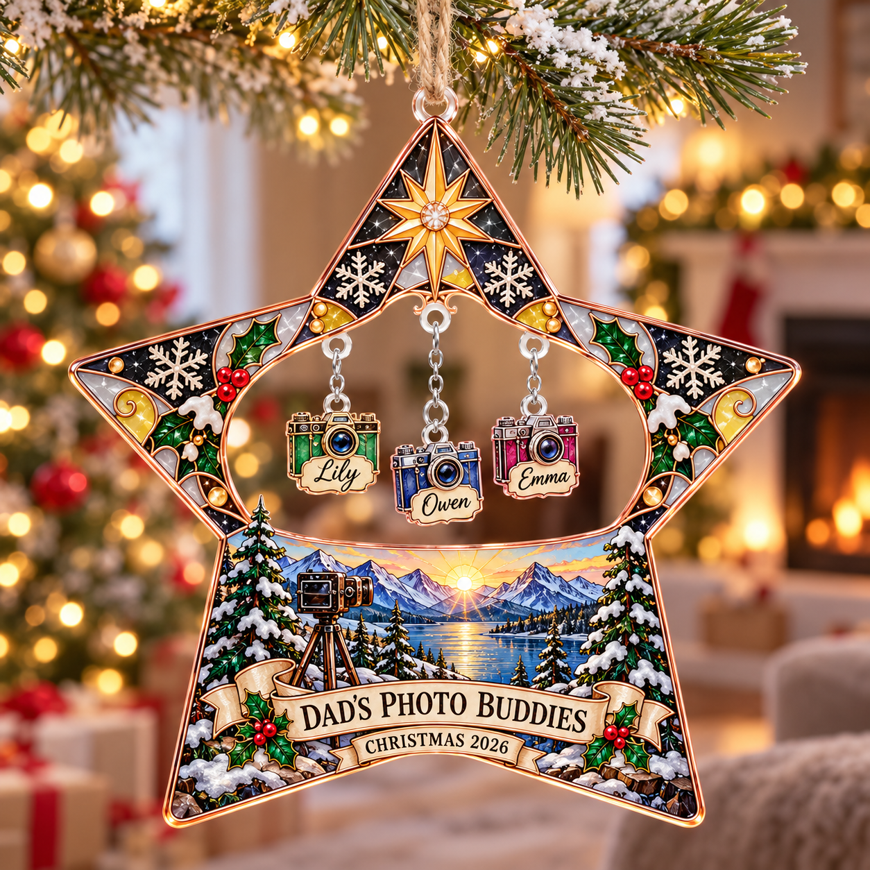 Stained-glass acrylic Christmas ornament with "DAD'S PHOTO BUDDIES" and personalised name charms