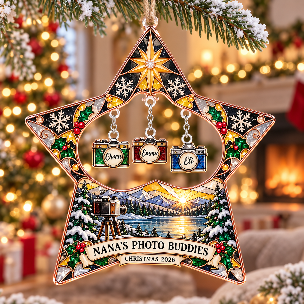 Stained-glass acrylic Christmas ornament with "NANA'S PHOTO BUDDIES" and personalised name charms