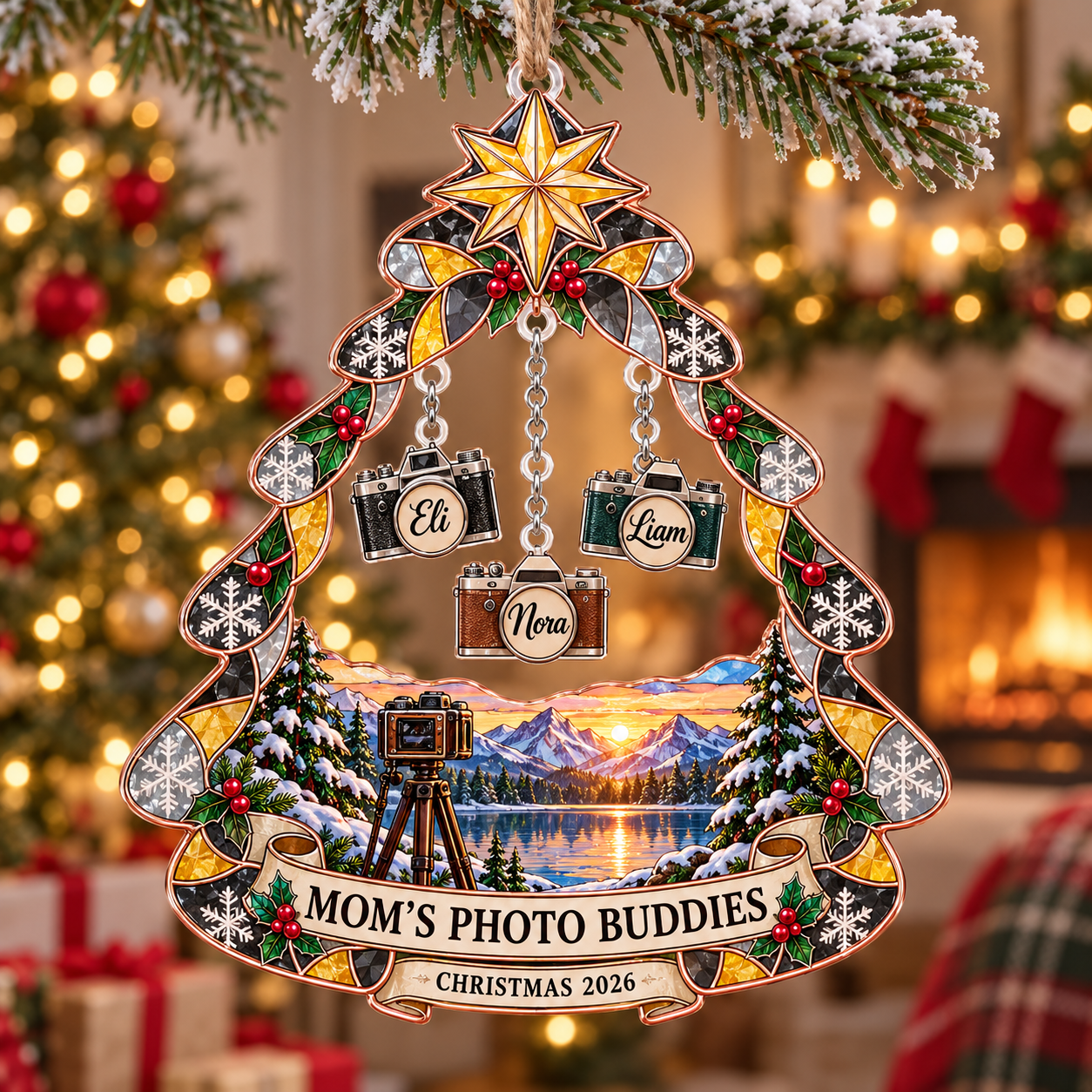 Stained-glass acrylic Christmas ornament with "MOM'S PHOTO BUDDIES" and personalised name charms