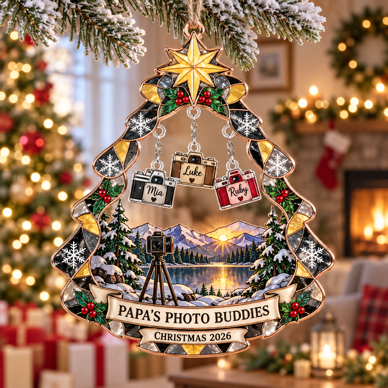 Stained-glass acrylic Christmas ornament with "PAPA'S PHOTO BUDDIES" and personalised name charms