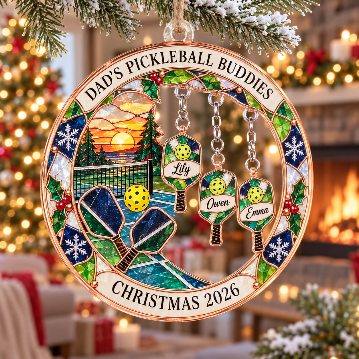 Stained-glass acrylic Christmas ornament with "DAD'S PICKLEBALL BUDDIES" and personalised name charms