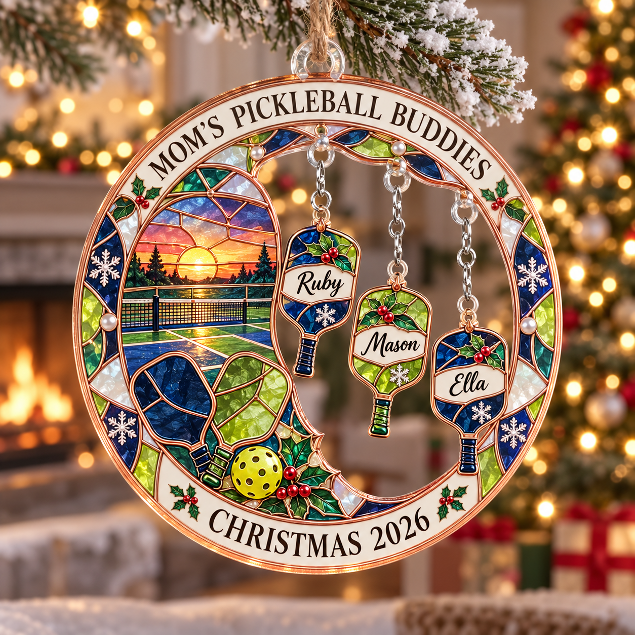 Stained-glass acrylic Christmas ornament with "MOM'S PICKLEBALL BUDDIES" and personalised name charms