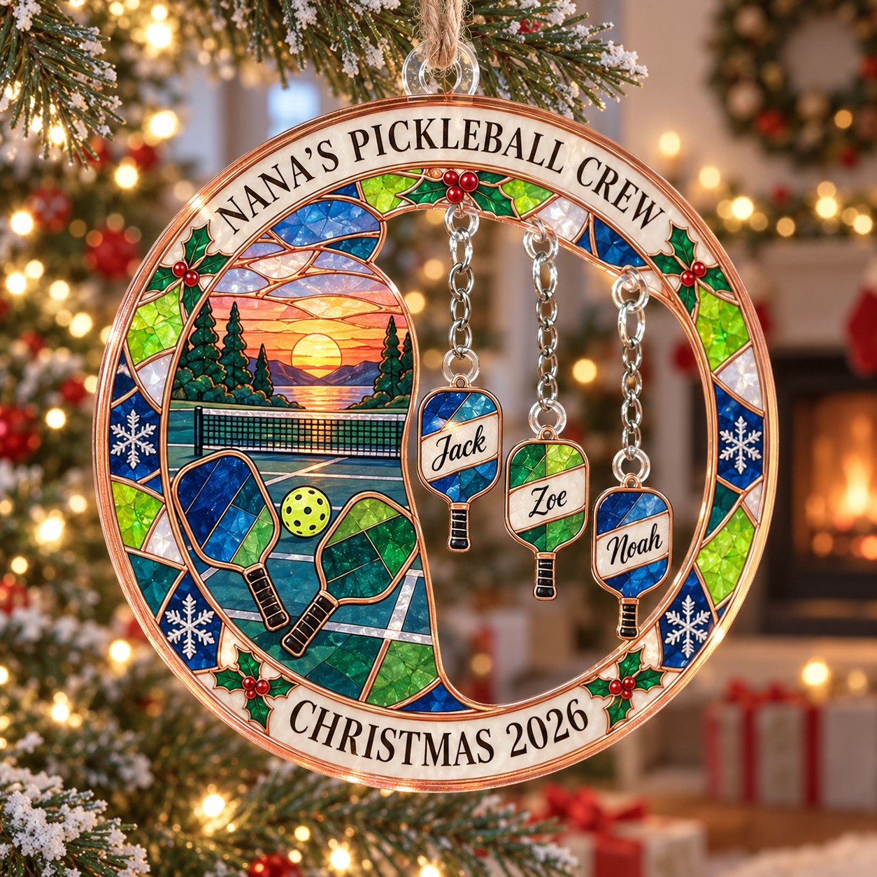 Stained-glass acrylic Christmas ornament with "NANA'S PICKLEBALL CREW" and personalised name charms
