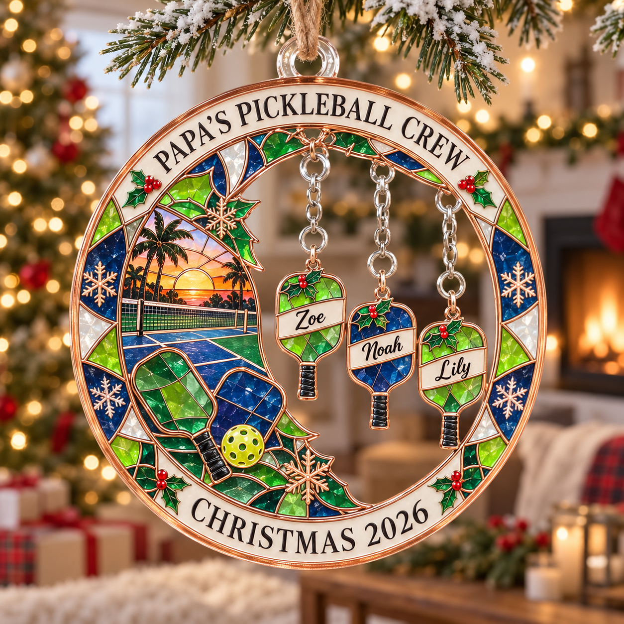Stained-glass acrylic Christmas ornament with "PAPA'S PICKLEBALL CREW" and personalised name charms