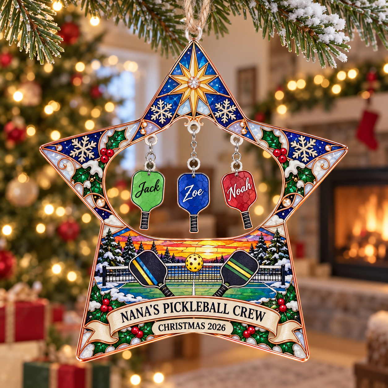 Stained-glass acrylic Christmas ornament with "NANA'S PICKLEBALL CREW" and personalised name charms