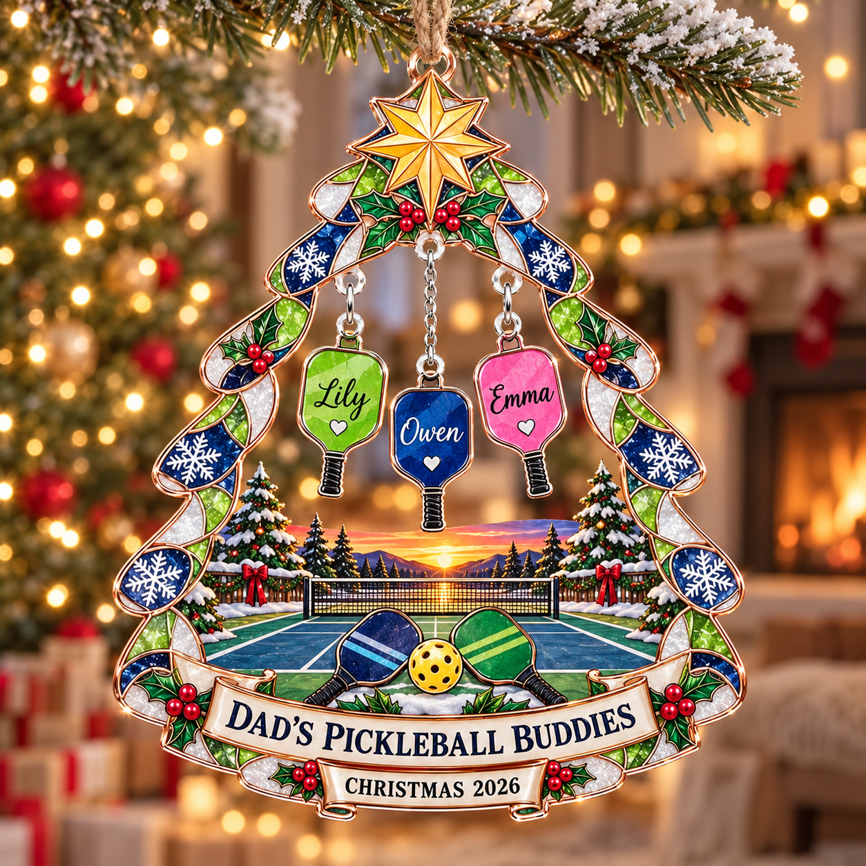 Stained-glass acrylic Christmas ornament with "DAD'S PICKLEBALL BUDDIES" and personalised name charms